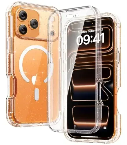 Diaclara Magnetic Designed for iPhone 17 Pro Case Full Body Bumper,[Compatible with MagSafe] Military Drop Proof Cover with Built-in Touch Sensitive Anti-Scratch Screen Protector, Clear Glitter 