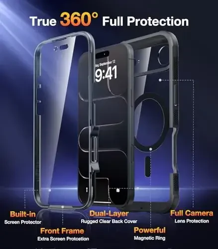 Diaclara Magnetic Designed for iPhone Air Case Full Body Bumper,[Compatible with MagSafe] Military Drop Proof Cover with Built-in Touch Sensitive Anti-Scratch Screen Protector for iPhone 17 Air Black - 2