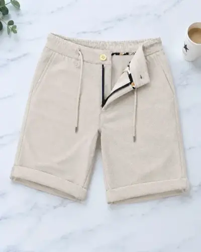 Diagonal Fabric Pocketed Drawstring Double Cuffed Buttoned Zipped Shorts - Beige - 3