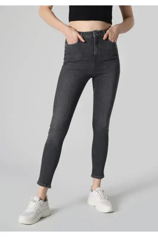 Skinny Fit Yüksek Bel Dar Paça Pamuk Kadın Denim Jean Pantolon - 4