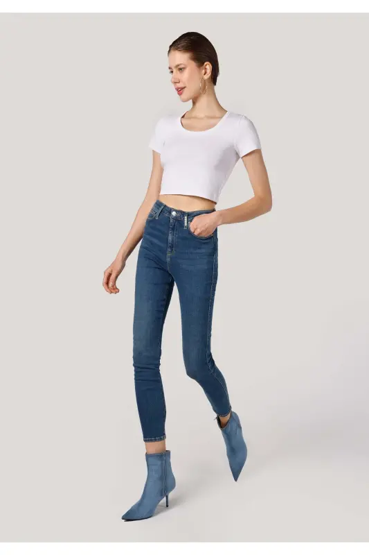 Skinny Fit Yüksek Bel Dar Paça Cepli Kadın Denim Jean Pantolon - LENY WASH - 3