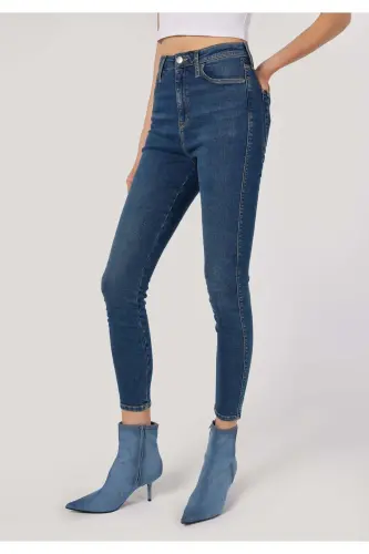 Skinny Fit Yüksek Bel Dar Paça Cepli Kadın Denim Jean Pantolon - LENY WASH - 4