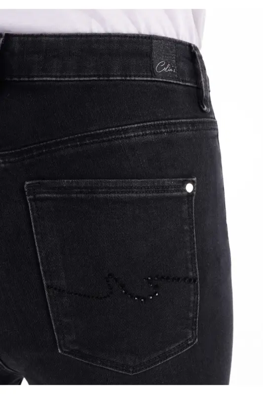 Skinny Fit Yüksel Bel Dar Paça Kadın Siyah Denim Jean Pantolon - DALLIS WASH - 5