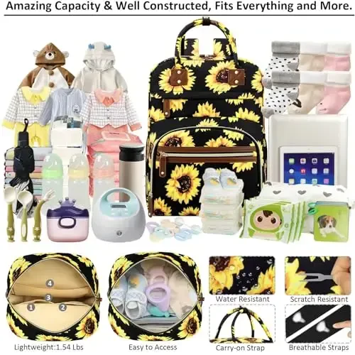 Diaper Backpack Tote Katta hajmli, izolyatsiyalangan cho'ntaklari bo'lgan chaqaloq sumkasi Ko'p funktsiyali taglik sumkalari Chaqaloq qiz bola ayollar uchun suv o'tkazmaydigan sumkalar Mama homiladorlik sumkasi kungaboqar - 3