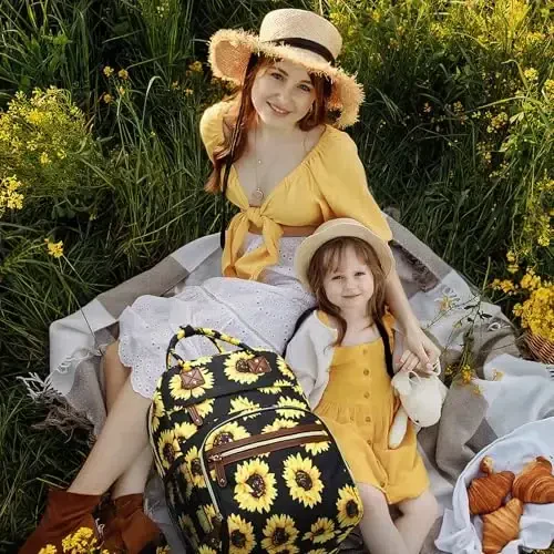 Diaper Backpack Tote Katta hajmli, izolyatsiyalangan cho'ntaklari bo'lgan chaqaloq sumkasi Ko'p funktsiyali taglik sumkalari Chaqaloq qiz bola ayollar uchun suv o'tkazmaydigan sumkalar Mama homiladorlik sumkasi kungaboqar - 6