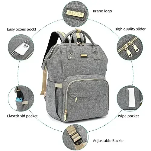 Diaper Bag Backpack, Baby Girls Boys uchun Diaper Bags, Moms Dads uchun Baby Bags, Insulated cho'ntaklari bo'lgan Nappy Changing Bag, Stroller tasmali ko'p funktsiyali suv o'tkazmaydigan ryukzak - Kulrang - 4