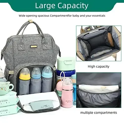 Diaper Bag Backpack, Baby Girls Boys uchun Diaper Bags, Moms Dads uchun Baby Bags, Insulated cho'ntaklari bo'lgan Nappy Changing Bag, Stroller tasmali ko'p funktsiyali suv o'tkazmaydigan ryukzak - Kulrang - 6