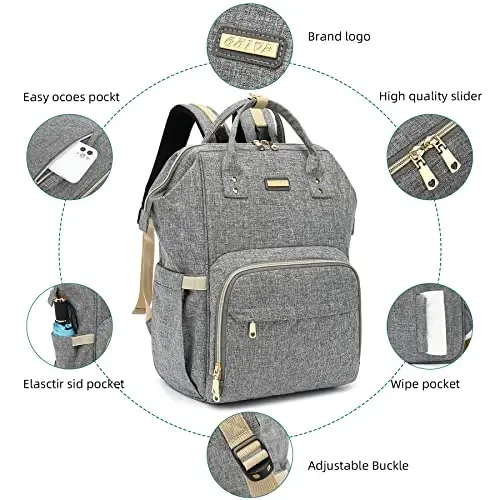 Diaper Bag Backpack, Baby Girls Boys uchun Diaper Bags, Moms Dads uchun Baby Bags, Insulated cho'ntaklari bo'lgan Nappy Changing Bag, Stroller tasmali ko'p funktsiyali suv o'tkazmaydigan ryukzak - Kulrang - 4