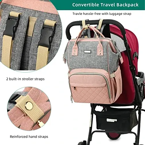 Diaper Bag Backpack, Diaper Bags for Baby Girls Boys, Baby Bags for Moms Dads, Nappy Changing Bag with Insulated Pockets,Multi-functional Waterproof Backpack with Stroller straps-Pink - 3