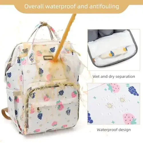Diaper Bag Backpack, Baby Girls Boys uchun Diaper Bags, Moms Dads uchun Baby Bags, Izolyatsiyalangan cho'ntaklar bilan Nappy Changing Bag, Stroller tasmali ko'p funktsional suv o'tkazmaydigan ryukzak - Berry White - 5