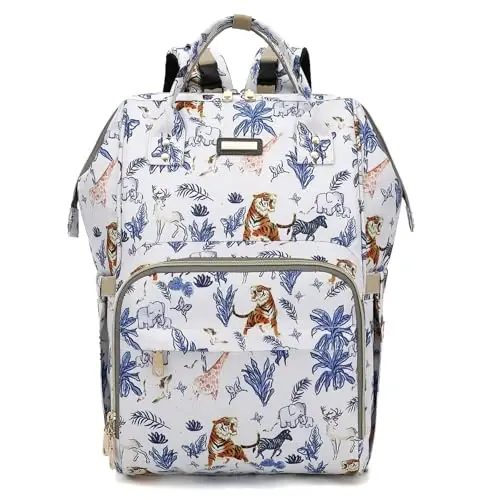 Diaper Bag Backpack, Baby Girls Boys uchun Diaper Bags, Moms Dads uchun Baby Bags, Izolyatsiyalangan cho'ntaklari bo'lgan Nappy Changing Bag, Aravachalar uchun tasmali ko'p funktsional suv o'tkazmaydigan ryukzak - Animal World White - 1