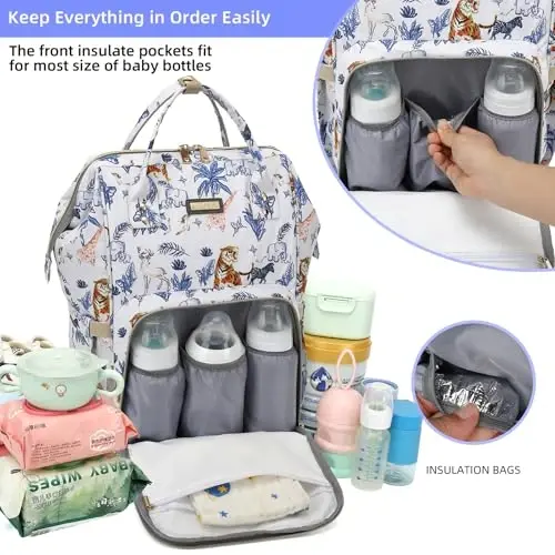 Diaper Bag Backpack, Baby Girls Boys uchun Diaper Bags, Moms Dads uchun Baby Bags, Izolyatsiyalangan cho'ntaklari bo'lgan Nappy Changing Bag, Aravachalar uchun tasmali ko'p funktsional suv o'tkazmaydigan ryukzak - Animal World White - 2