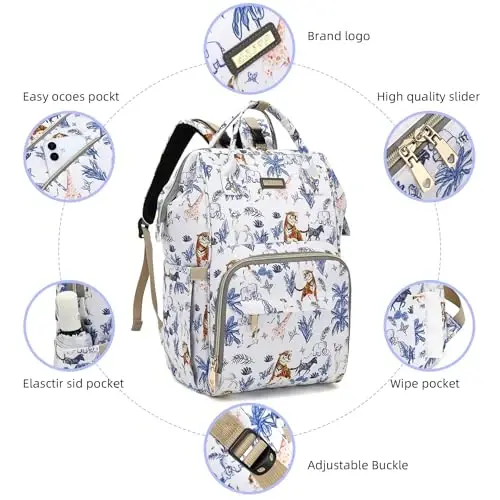 Diaper Bag Backpack, Baby Girls Boys uchun Diaper Bags, Moms Dads uchun Baby Bags, Izolyatsiyalangan cho'ntaklari bo'lgan Nappy Changing Bag, Aravachalar uchun tasmali ko'p funktsional suv o'tkazmaydigan ryukzak - Animal World White - 4