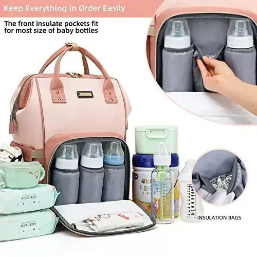Diaper Bag Backpack, Baby Girls Boys uchun Diaper Bags, Onalar Otalar uchun Baby Bags, Izolyatsiyalangan cho'ntakli Nappy Changing Bag, Aravacha tasmali ko'p funktsiyali suv o'tkazmaydigan ryukzak - Pushti och pushti - 2