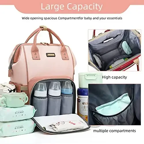 Diaper Bag Backpack, Baby Girls Boys uchun Diaper Bags, Onalar Otalar uchun Baby Bags, Izolyatsiyalangan cho'ntakli Nappy Changing Bag, Aravacha tasmali ko'p funktsiyali suv o'tkazmaydigan ryukzak - Pushti och pushti - 6