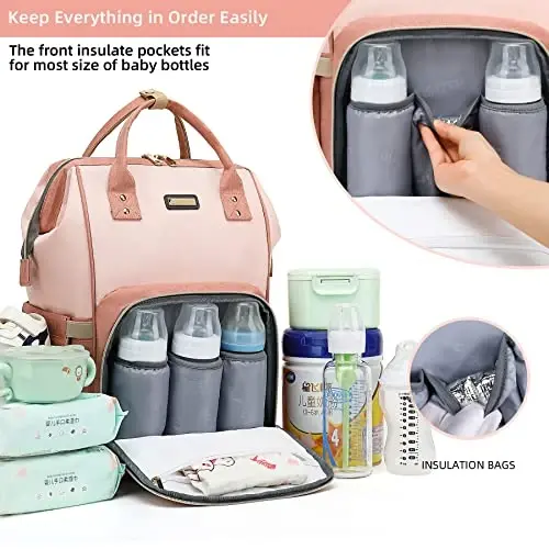Diaper Bag Backpack, Baby Girls Boys uchun Diaper Bags, Onalar Otalar uchun Baby Bags, Izolyatsiyalangan cho'ntakli Nappy Changing Bag, Aravacha tasmali ko'p funktsiyali suv o'tkazmaydigan ryukzak - Pushti och pushti - 2