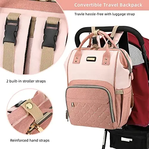 Diaper Bag Backpack, Baby Girls Boys uchun Diaper Bags, Onalar Otalar uchun Baby Bags, Izolyatsiyalangan cho'ntakli Nappy Changing Bag, Aravacha tasmali ko'p funktsiyali suv o'tkazmaydigan ryukzak - Pushti och pushti - 3