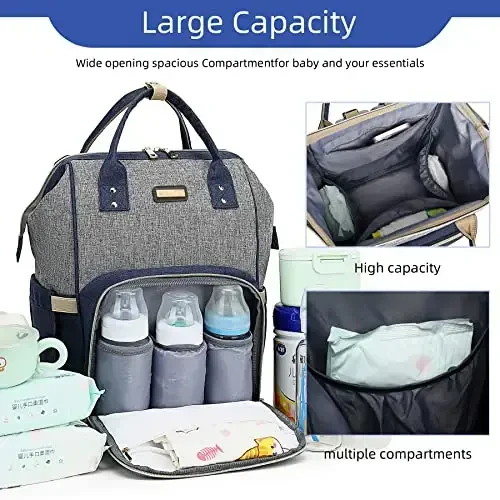 Diaper Bag Backpack, Baby qizlar uchun Diaper Bags o'g'il bolalar, Onalar Otalar uchun Baby Bags, Izolyatsiya qilingan cho'ntaklari bo'lgan Nappy Changing Bag, Aravachalar uchun tasmali ko'p funktsiyali suv o'tkazmaydigan ryukzak - Ochiq kulrang ko'k - 6