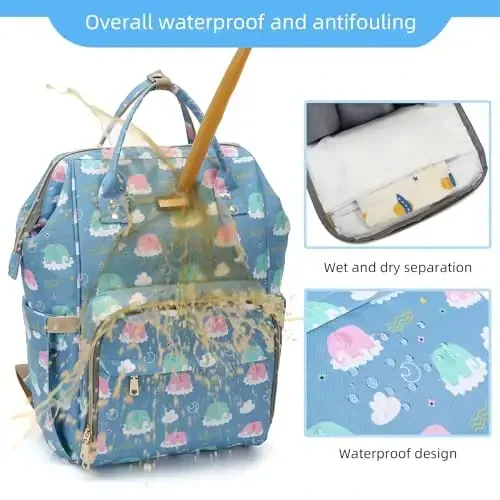 Diaper Bag Backpack, Chaqaloq qizlar uchun taglik sumkalari, Ota-onalar uchun chaqaloq sumkalari, Izolyatsiya qilingan cho'ntaklar bilan taglikni almashtirish sumkasi, Aravachalar uchun tasmali ko'p funktsional suv o'tkazmaydigan ryukzak - To'q ko'k fil - 5
