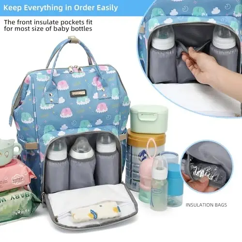Diaper Bag Backpack, Chaqaloq qizlar uchun taglik sumkalari, Ota-onalar uchun chaqaloq sumkalari, Izolyatsiya qilingan cho'ntaklar bilan taglikni almashtirish sumkasi, Aravachalar uchun tasmali ko'p funktsional suv o'tkazmaydigan ryukzak - To'q ko'k fil - 2