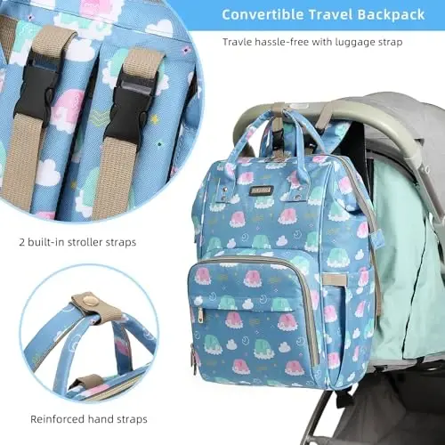 Diaper Bag Backpack, Chaqaloq qizlar uchun taglik sumkalari, Ota-onalar uchun chaqaloq sumkalari, Izolyatsiya qilingan cho'ntaklar bilan taglikni almashtirish sumkasi, Aravachalar uchun tasmali ko'p funktsional suv o'tkazmaydigan ryukzak - To'q ko'k fil - 3