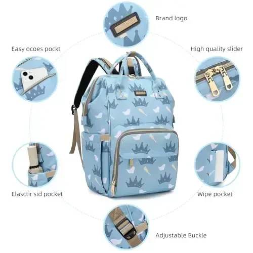 Diaper Bag Backpack, Diaper Bags for Baby Girls Boys, Baby Bags for Moms Dads, Nappy Changing Bag with Insulated Pockets,Multi-functional Waterproof Backpack with Stroller straps-Light blue crown - 4