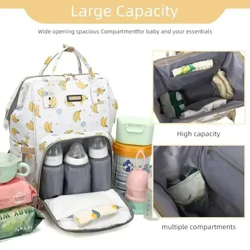 Diaper Bag Backpack, Diaper Bags for Baby Girls Boys, Baby Bags for Moms Dads, Nappy Changing Bag with Insulated Pockets,Multi-functional Waterproof Backpack with Stroller straps -Beige Banana - 6