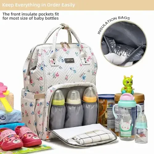 Diaper Bag Backpack, Diaper Bags for Baby Girls Boys, Baby Bags for Moms Dads, Nappy Changing Bag with Insulated Pockets,Multi-functional Waterproof Backpack with Stroller straps-Beige Flowers - 2
