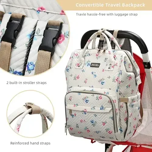 Diaper Bag Backpack, Diaper Bags for Baby Girls Boys, Baby Bags for Moms Dads, Nappy Changing Bag with Insulated Pockets,Multi-functional Waterproof Backpack with Stroller straps-Beige Flowers - 3