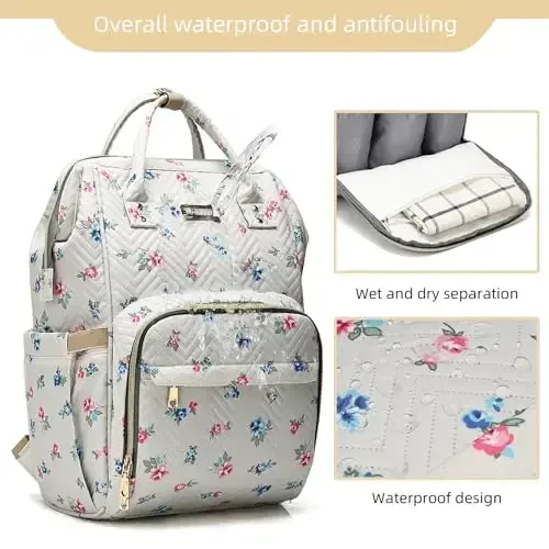 Diaper Bag Backpack, Diaper Bags for Baby Girls Boys, Baby Bags for Moms Dads, Nappy Changing Bag with Insulated Pockets,Multi-functional Waterproof Backpack with Stroller straps-Beige Flowers - 5