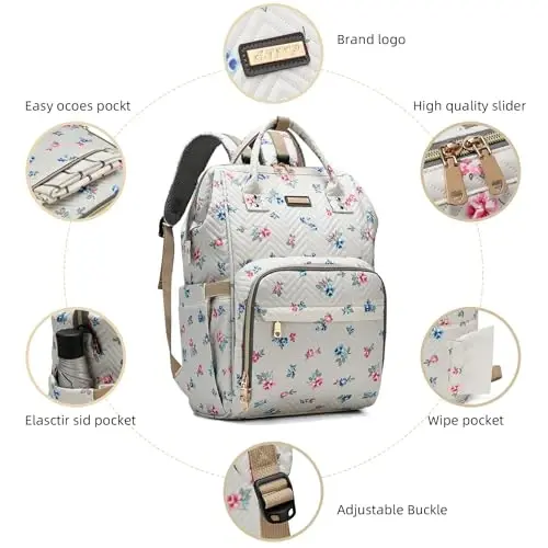 Diaper Bag Backpack, Diaper Bags for Baby Girls Boys, Baby Bags for Moms Dads, Nappy Changing Bag with Insulated Pockets,Multi-functional Waterproof Backpack with Stroller straps-Beige Flowers - 4