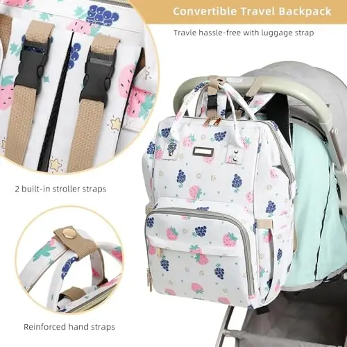 Diaper Bag Backpack, Diaper Bags for Baby Girls Boys, Baby Bags for Moms Dads, Nappy Changing Bag with Insulated Pockets,Multi-functional Waterproof Backpack with Stroller straps-Berry White - 3