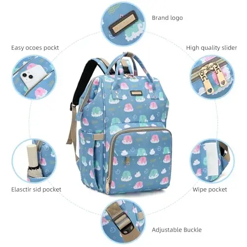 Diaper Bag Backpack, Diaper Bags for Baby Girls Boys, Baby Bags for Moms Dads, Nappy Changing Bag with Insulated Pockets,Multi-functional Waterproof Backpack with Stroller straps-Deep blue elephant - 4