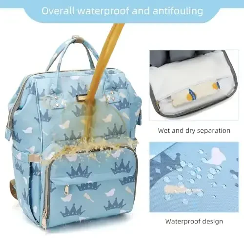 Diaper Bag Backpack, Diaper Bags for Baby Girls Boys, Baby Bags for Moms Dads, Nappy Changing Bag with Insulated Pockets,Multi-functional Waterproof Backpack with Stroller straps-Light blue crown - 5
