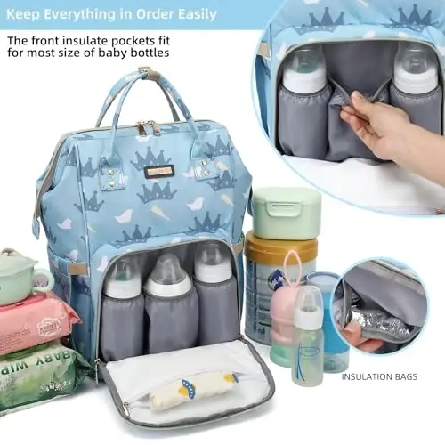 Diaper Bag Backpack, Diaper Bags for Baby Girls Boys, Baby Bags for Moms Dads, Nappy Changing Bag with Insulated Pockets,Multi-functional Waterproof Backpack with Stroller straps-Light blue crown - 2