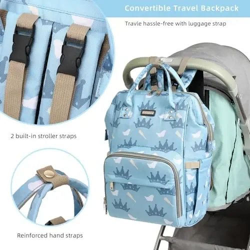 Diaper Bag Backpack, Diaper Bags for Baby Girls Boys, Baby Bags for Moms Dads, Nappy Changing Bag with Insulated Pockets,Multi-functional Waterproof Backpack with Stroller straps-Light blue crown - 3
