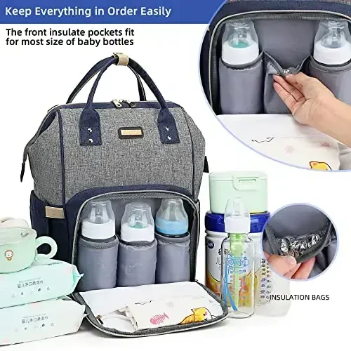 Diaper Bag Backpack, Diaper Bags for Baby Girls Boys, Baby Bags for Moms Dads, Nappy Changing Bag with Insulated Pockets,Multi-functional Waterproof Backpack with Stroller straps- Light Grey Blue - 2
