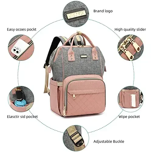 Diaper Bag Backpack, Diaper Bags for Baby Girls Boys, Baby Bags for Moms Dads, Nappy Changing Bag with Insulated Pockets,Multi-functional Waterproof Backpack with Stroller straps-Pink - 4