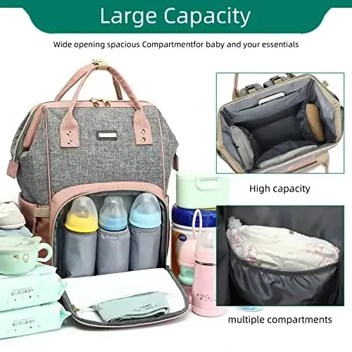 Diaper Bag Backpack, Diaper Bags for Baby Girls Boys, Baby Bags for Moms Dads, Nappy Changing Bag with Insulated Pockets,Multi-functional Waterproof Backpack with Stroller straps-Pink - 6