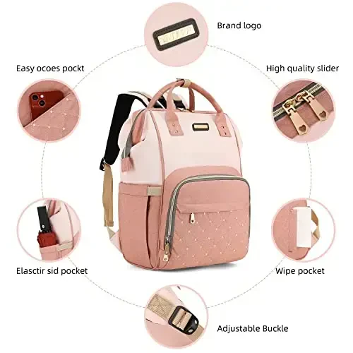 Diaper Bag Backpack, Diaper Bags for Baby Girls Boys, Baby Bags for Moms Dads, Nappy Changing Bag with Insulated Pockets,Multi-functional Waterproof Backpack with Stroller straps -Pink light pink - 4