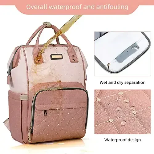 Diaper Bag Backpack, Diaper Bags for Baby Girls Boys, Baby Bags for Moms Dads, Nappy Changing Bag with Insulated Pockets,Multi-functional Waterproof Backpack with Stroller straps -Pink light pink - 5