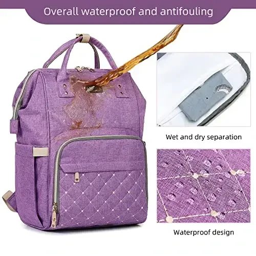 Diaper Bag Backpack, Diaper Bags for Baby Girls Boys, Baby Bags for Moms Dads, Nappy Changing Bag with Insulated Pockets,Multi-functional Waterproof Backpack with Stroller straps-Purple - 5