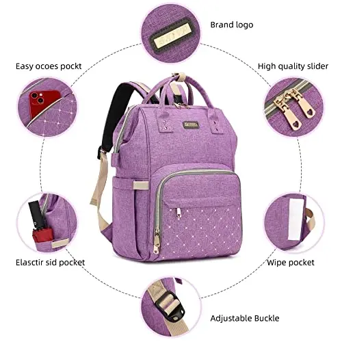 Diaper Bag Backpack, Diaper Bags for Baby Girls Boys, Baby Bags for Moms Dads, Nappy Changing Bag with Insulated Pockets,Multi-functional Waterproof Backpack with Stroller straps-Purple - 4