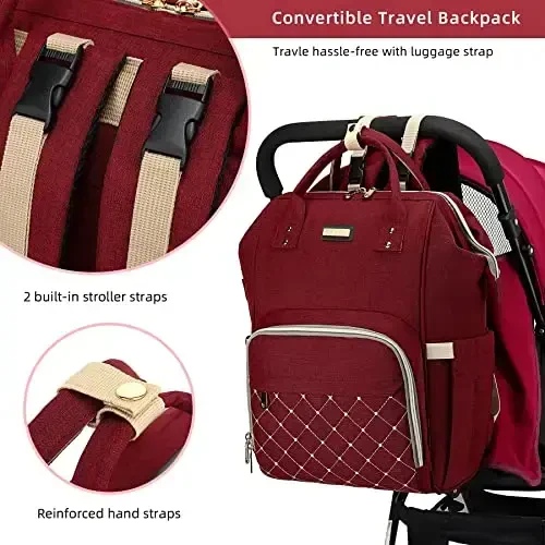 Diaper Bag Backpack, Diaper Bags for Baby Girls Boys, Baby Bags for Moms Dads, Nappy Changing Bag with Insulated Pockets,Multi-functional Waterproof Backpack with Stroller straps-Red - 3