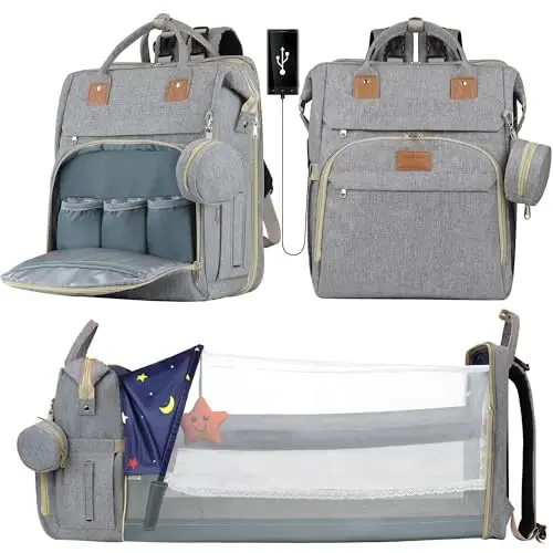 Diaper Bag Backpack for Mom and Dad, Large Capacity Baby Travel Bag with USB Charging Port, Waterproof Foldable Baby Bag for Boys and Girls, Stylish Maternity Backpack for Travel & Hospital，Grey 