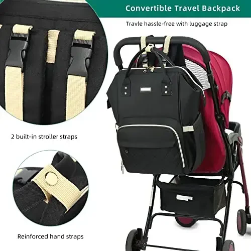 Diaper Bag Backpack, Go'dak qizlar bolalar uchun taglik sumkalari, Onalar dadalar uchun go'dak sumkalari, Izolyatsiyalangan cho'ntaklari bo'lgan taglik almashtirish sumkasi, Aravachalar uchun tasmalari bo'lgan ko'p funktsiyali suv o'tkazmaydigan ryukzak-Qora - 3