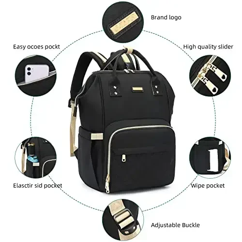 Diaper Bag Backpack, Go'dak qizlar bolalar uchun taglik sumkalari, Onalar dadalar uchun go'dak sumkalari, Izolyatsiyalangan cho'ntaklari bo'lgan taglik almashtirish sumkasi, Aravachalar uchun tasmalari bo'lgan ko'p funktsiyali suv o'tkazmaydigan ryukzak-Qora - 4