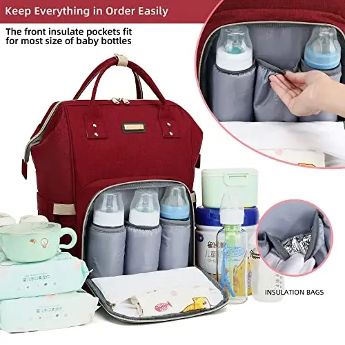 Diaper Bag Backpack, Go'dak qizlar va o'g'il bolalar uchun taglik sumkalari, Ota-onalar uchun go'dak sumkalari, Izolyatsiya qilingan cho'ntaklari bo'lgan taglik almashtirish sumkasi, Aravachalar uchun kamarlari bo'lgan ko'p funktsional suv o'tkazmaydigan ryukzak-Qizil - 2