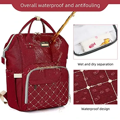 Diaper Bag Backpack, Go'dak qizlar va o'g'il bolalar uchun taglik sumkalari, Ota-onalar uchun go'dak sumkalari, Izolyatsiya qilingan cho'ntaklari bo'lgan taglik almashtirish sumkasi, Aravachalar uchun kamarlari bo'lgan ko'p funktsional suv o'tkazmaydigan ryukzak-Qizil - 5