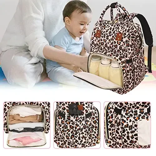 Diaper Bag Backpack Multifunction Maternity Diaper Bag for Baby Girls & Boys Large Capacity Travel Nappy Bags Leopard Print - 4